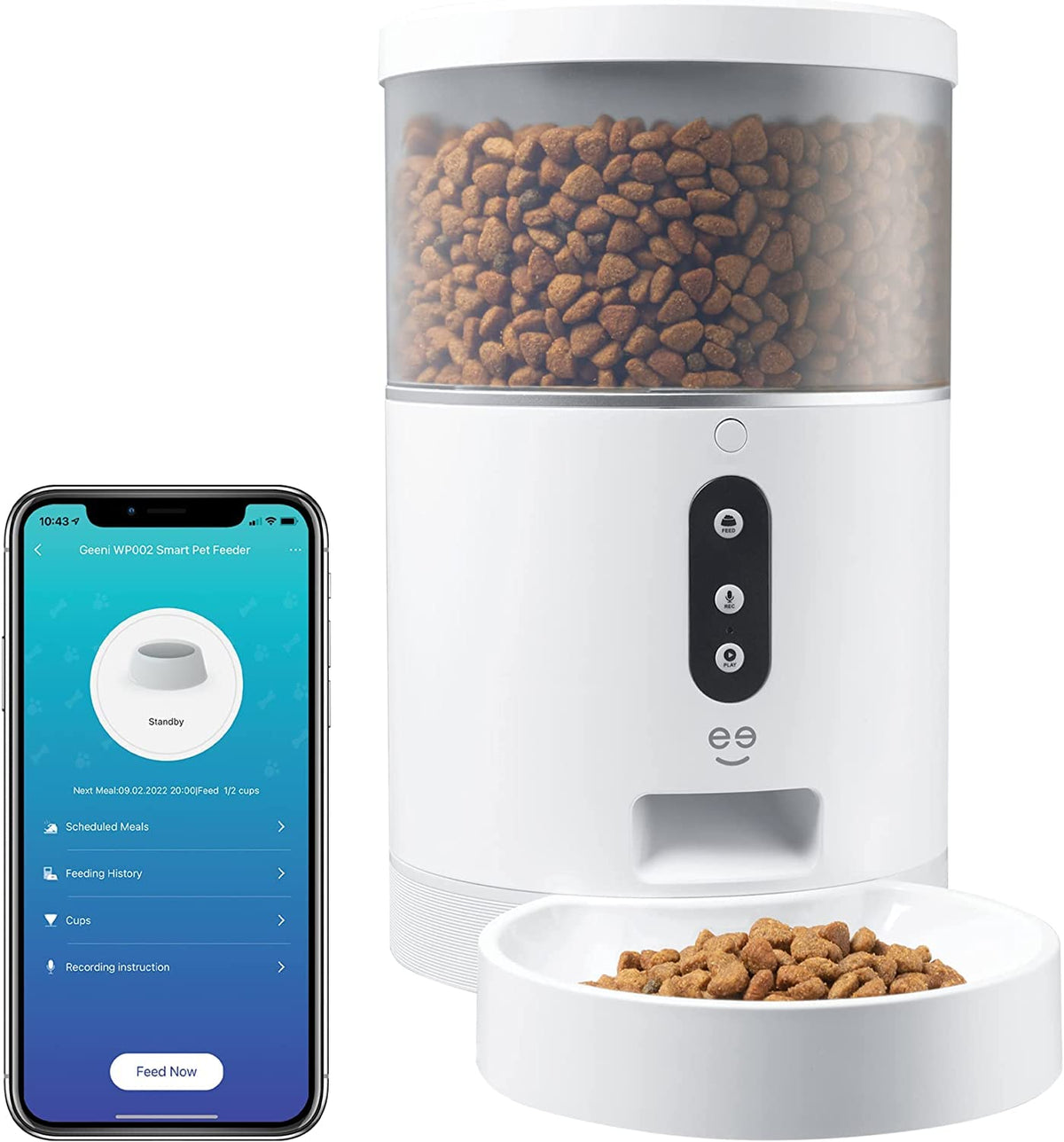 Geeni Smart Feeder, 4 Liter Automatic Pet Dog And Cat Feeder, Wi-Fi Control Compatible With Alexa And Google Home