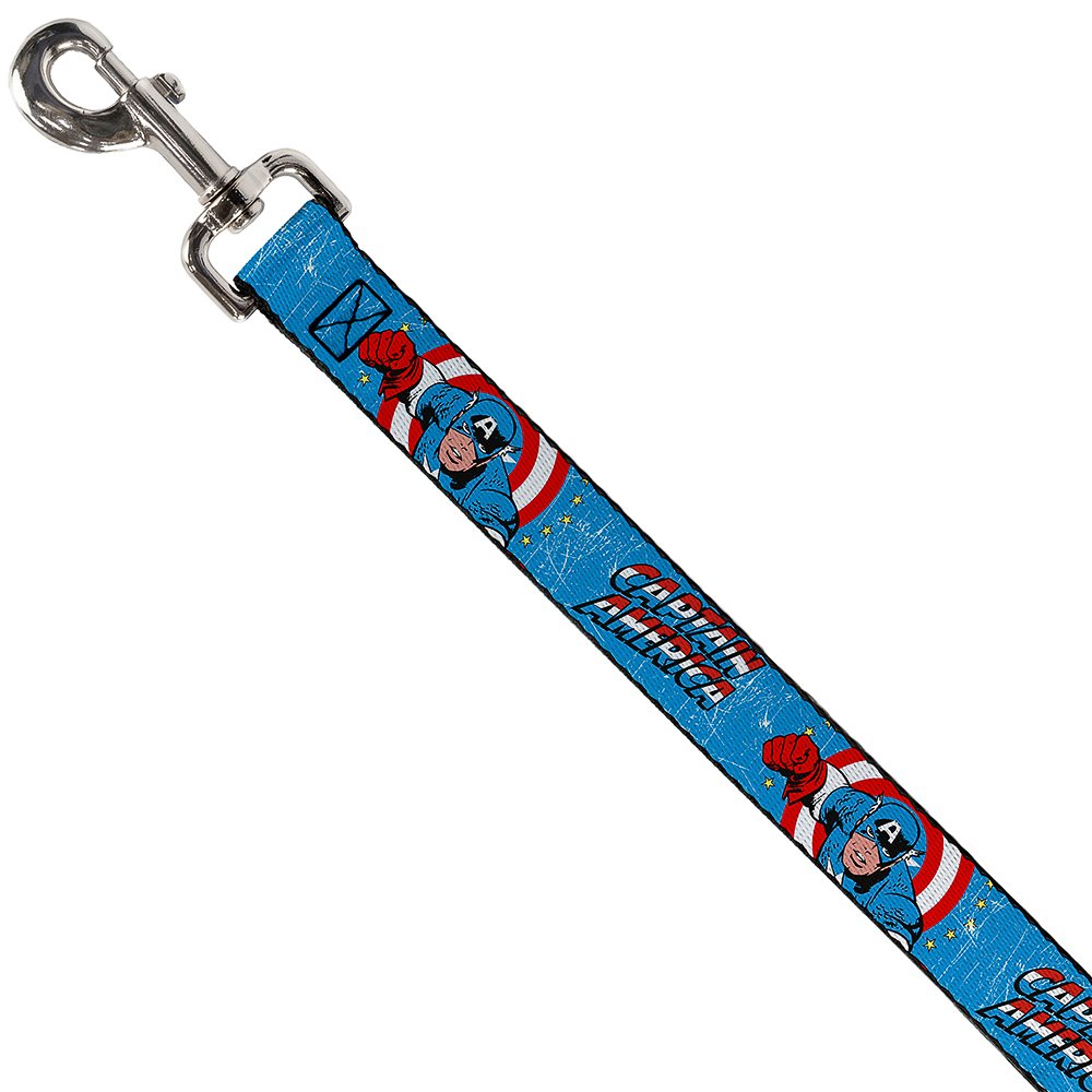 Buckle-Down Pet Leash - Captain America W/Action Pose Weathered Blue - 4 Feet Long - 1'' Wide