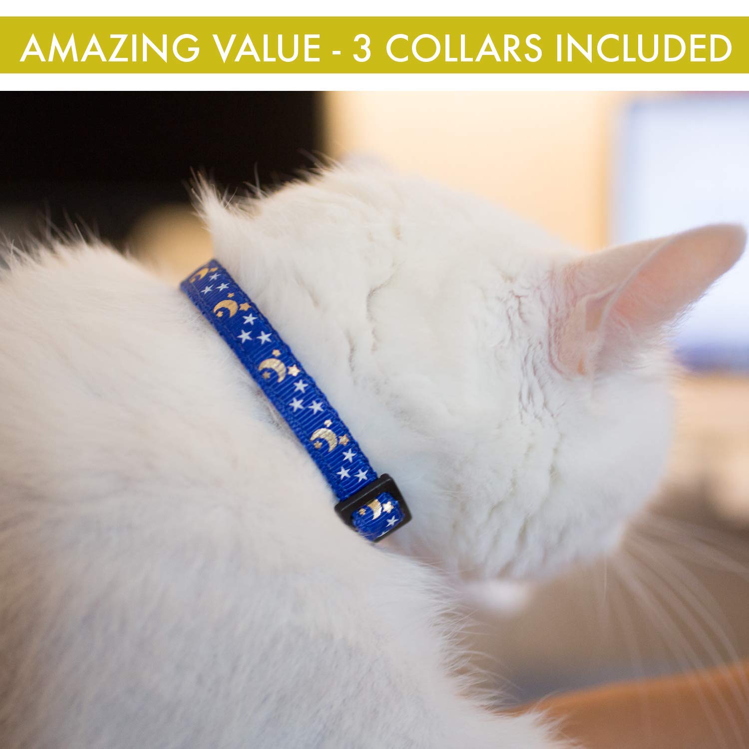 Cat Collar Stars And Moon, 4-Pack, Reflective With Bell, Solid & Safe Collars For Cats, Nylon, Kitty Collars, Pet Collar, Breaka