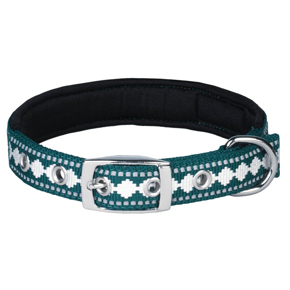 Blueberry Pet 3M Reflective Neck 9-12.5'' Jacquard Neoprene Padded Dog Collar With Metal Buckle - Teal Blue, For Small Breed