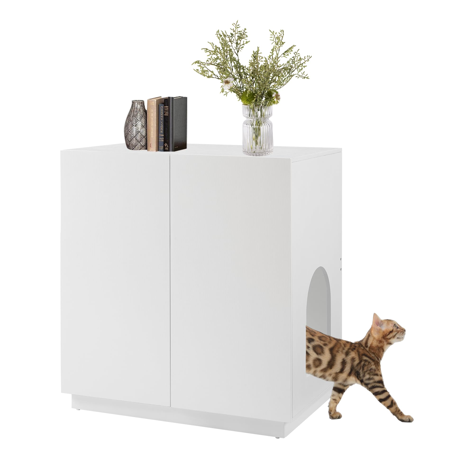 Unipaws Tall Cat Litter Box Enclosure With Shelves, Hidden Litter Box Cover For Tall Or Top Entry Litter Box, Kitty Enclosed Lit