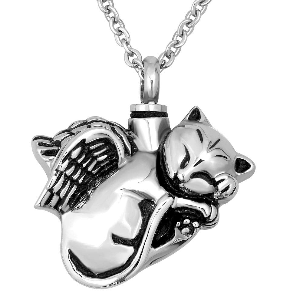 Cooljewelry Urn Necklace Ashes Cute Pet Angel Cat Memorial Keepsake Pendant Cremation Stainless Steel Jewelry With Fill Kit