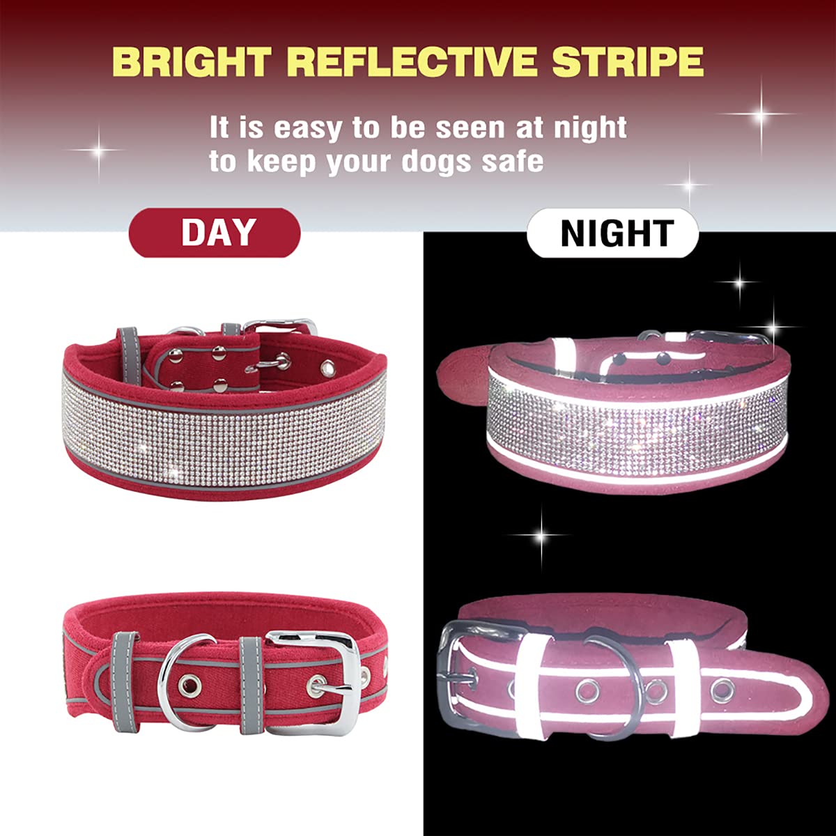 Idolpet Bling Rhinestone Dog Collar Soft Comfortable Stylish Dog Collar With Bright Reflective Stripe Premium Adjustable Diamond Crystal Pet Collar For Medium And Large Dogs (L, Red)