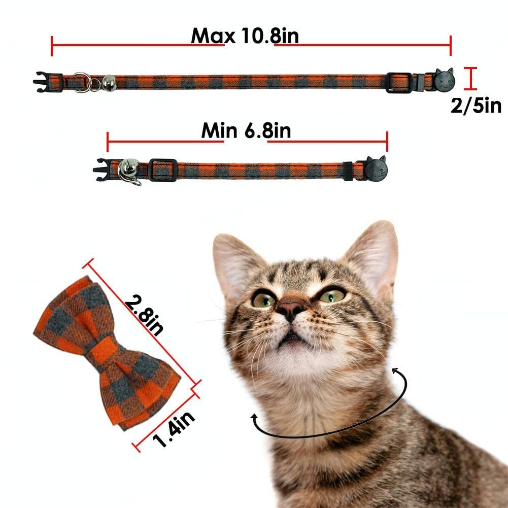 Cat Collars Breakaway With Bell And Bow Tie, Plaid Design Adjustable Safety Kitty Kitten Collar(6.8-10.8In) (Orange Plaid)