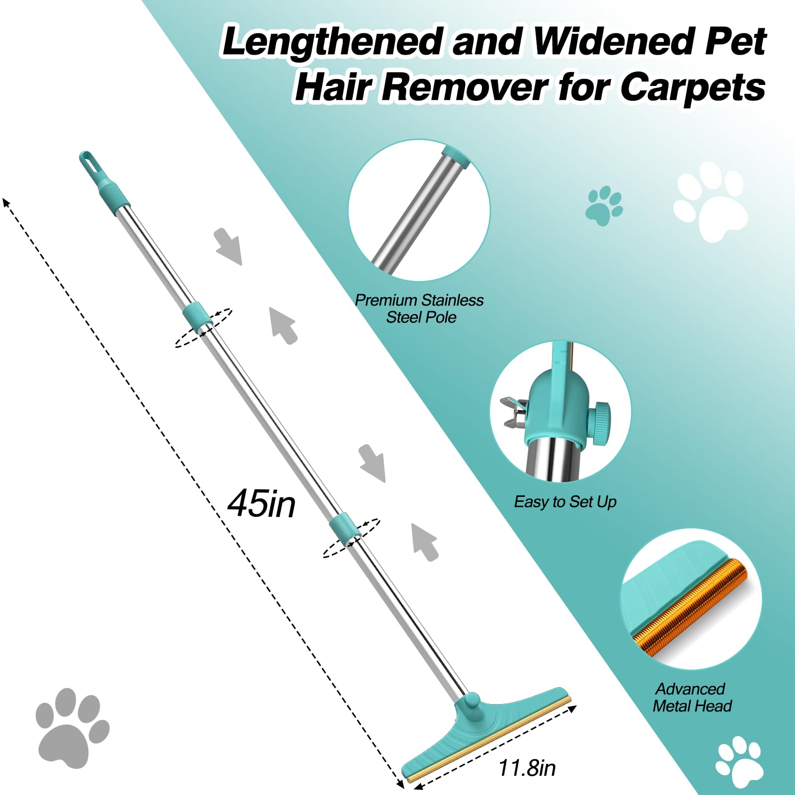 Carpet Rake For Pet Hair Removal, Reusable Cat Dog Hair Remover With 45? Long Handle Advanced Lint Remover Scraper For Carpets, Rugs, Mats, Couch