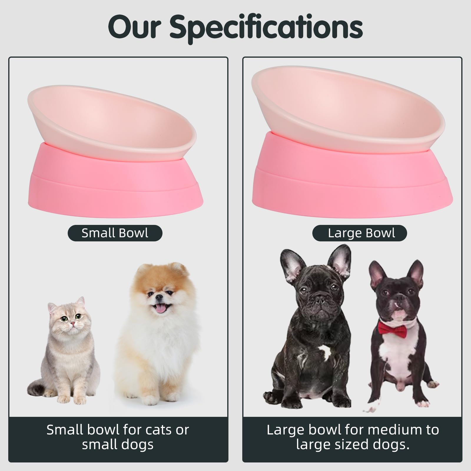 Bulldog Bowl Anti-Slip Dog Cat Dish Detachable Rubber Dog Bowl Pet Sterile Tilted Pet Feeder Slope Base (Pink, 2 Cup (Small/Medium Dog))