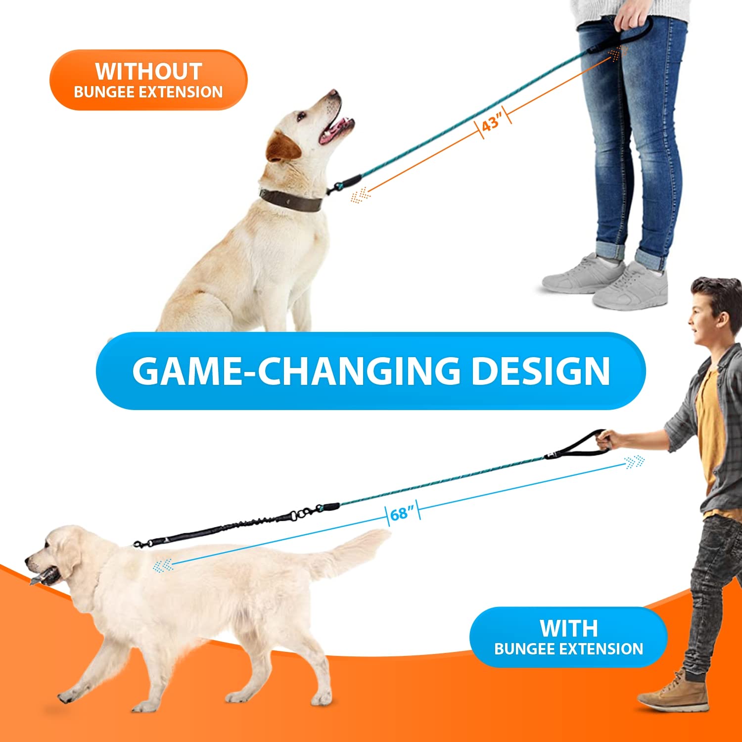 SparklyPets Heavy Duty Bungee Leash for Large & Medium Dogs - Teal, Anti-Pull, Shock Absorption, 5.5 Ft, No Slip Reflective