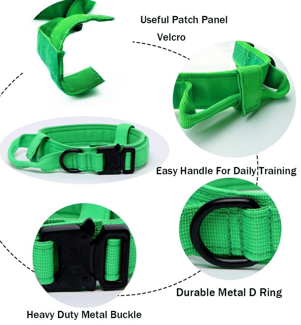 Tactical Dog Collar Military Dog Collar Adjustable Nylon Dog Collar Heavy Duty Metal Buckle With Handle For Dog Training (Bright Green,L)