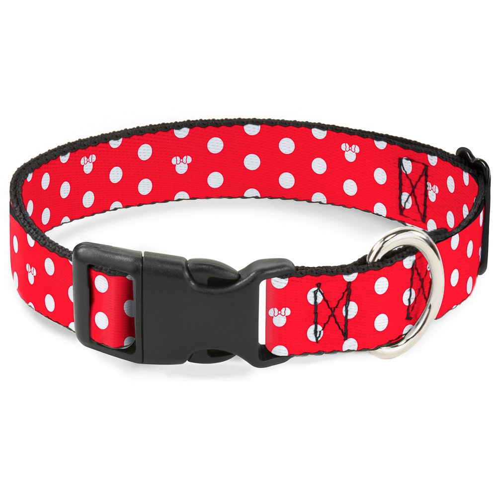 Buckle-Down Plastic Clip Collar - Minnie Mouse Polka Dot/Mini Silhouette Red/White - 1/2' Wide - Fits 9-15' Neck - Large