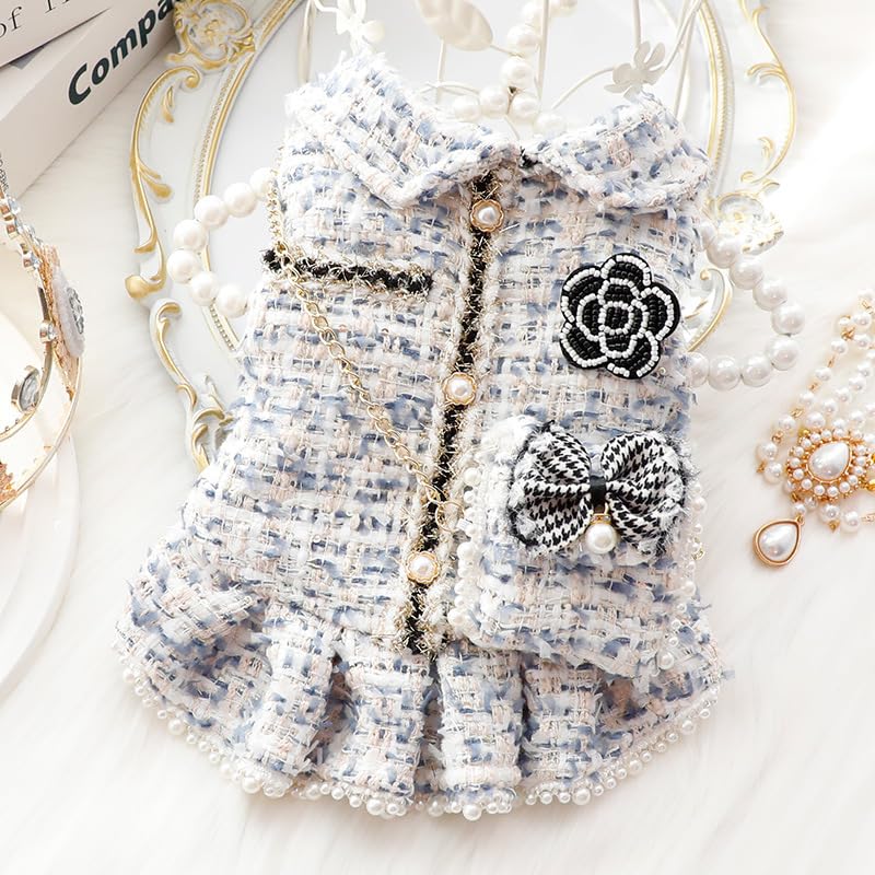 Aza Dog Princess Dresses For Small Dogs Lolita Clothes Tweed Costume White Pet Girl Cute Coat Outfits Fall Costumes (L,Blue)
