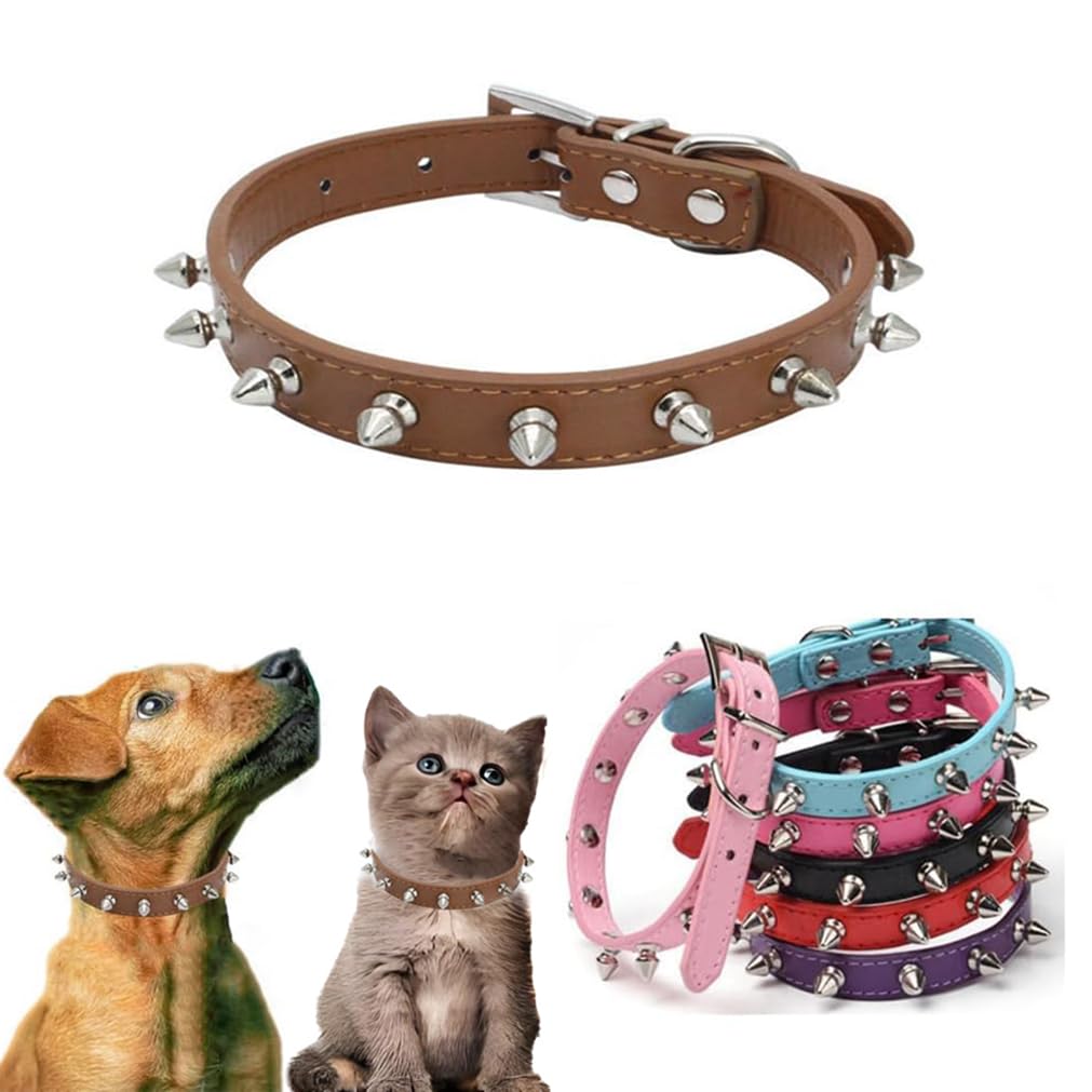 Brown Spiked Collar For Dogs, Spiky Dog Collar, Studded Cat Collar Spiked Stud Rivet Pu Leather Mushroom Adjustable For Xxs Xs S
