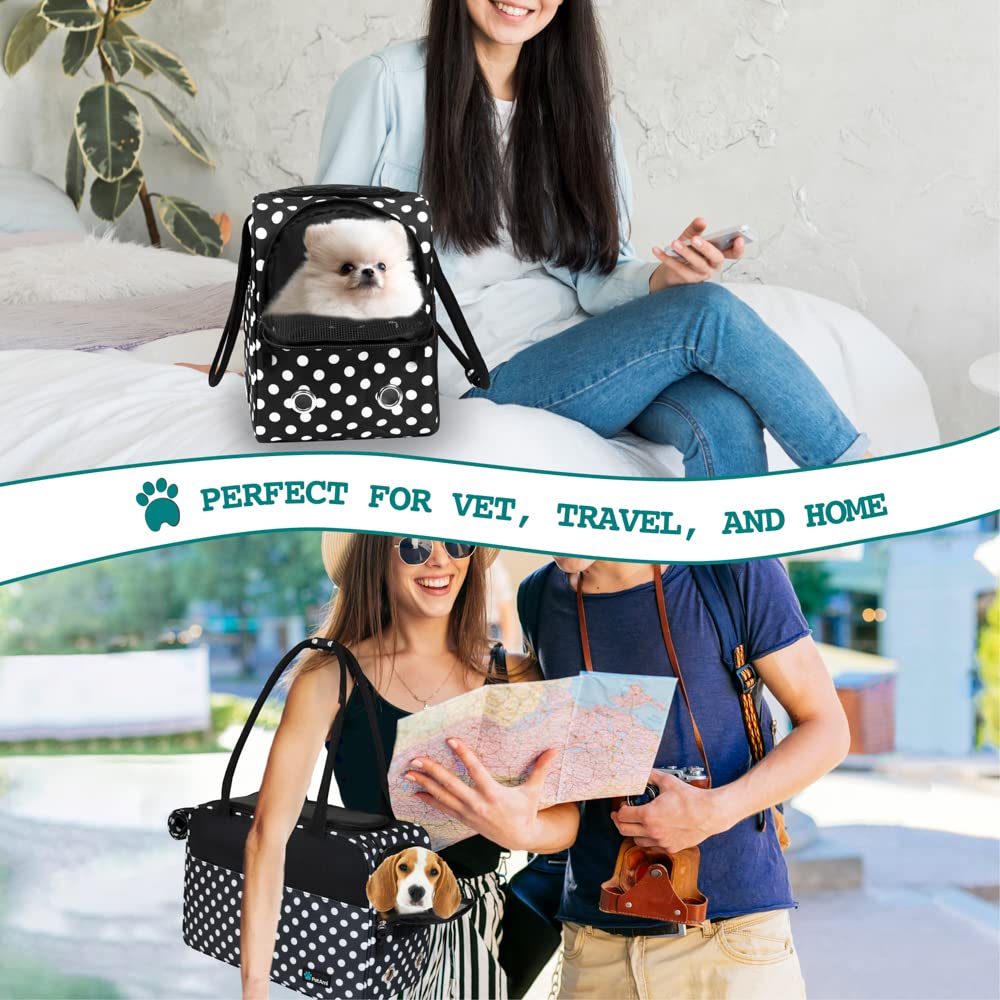 Petami Dog Purse Carrier For Small Dogs, Airline Approved Soft Sided Pet Carrier Pockets, Ventilated Dog Carrying Bag Puppy Cat, Dog Travel Supplies Accessories Carry Tote, Sherpa Bed, Polka Dot Black