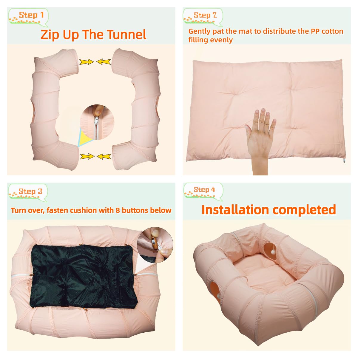 Xxingsheep 4 Ways Shuttled Xl Cat Tunnel Bed For Indoor Cats Peekaboo Cat Cave Donut With Cool Mat (Pink)