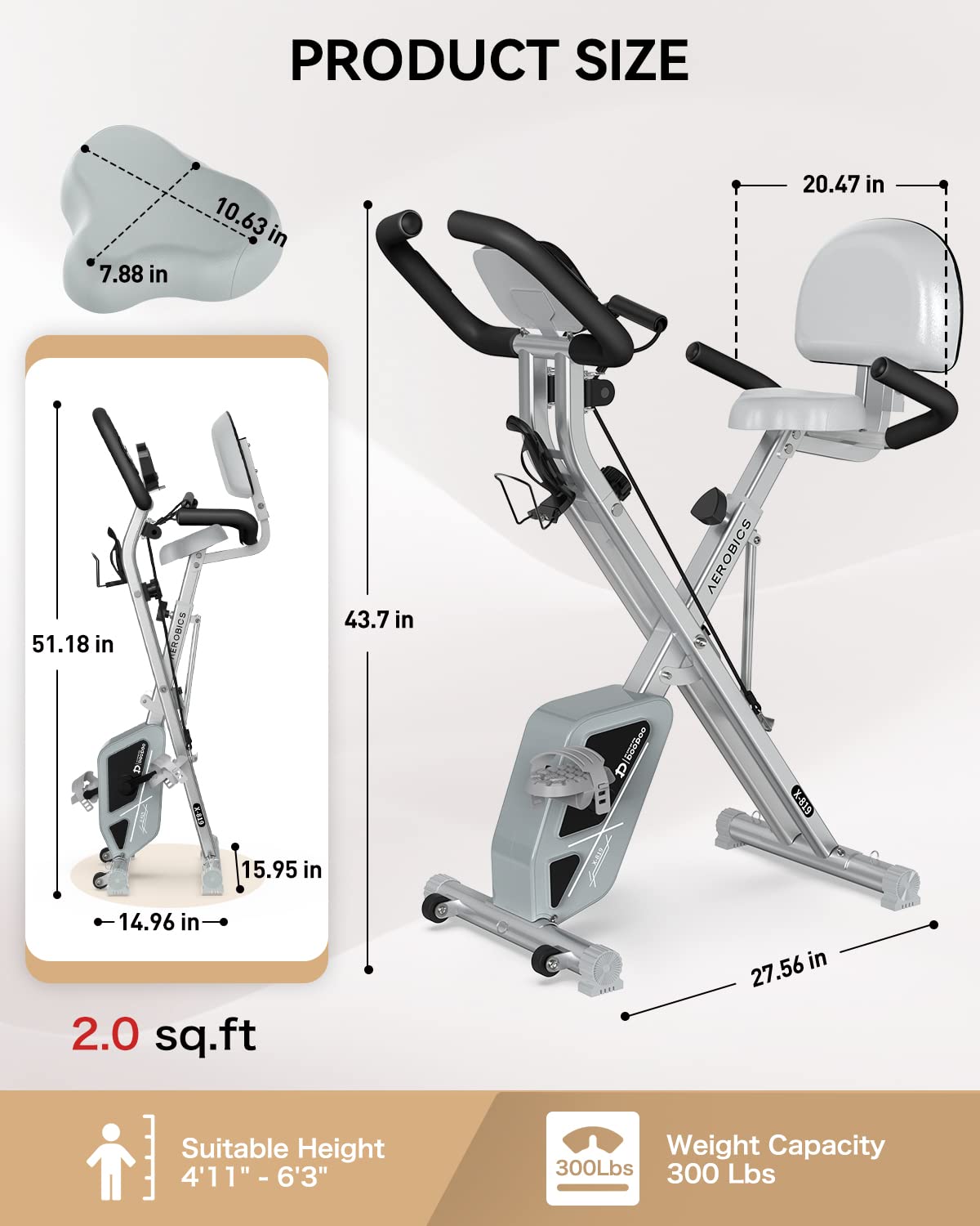Pooboo Folding Exercise Bike, Foldable Fitness Stationary Bike Machine, Upright Indoor Cycling Bike, 4-In-1 Magnetic X-Bike With