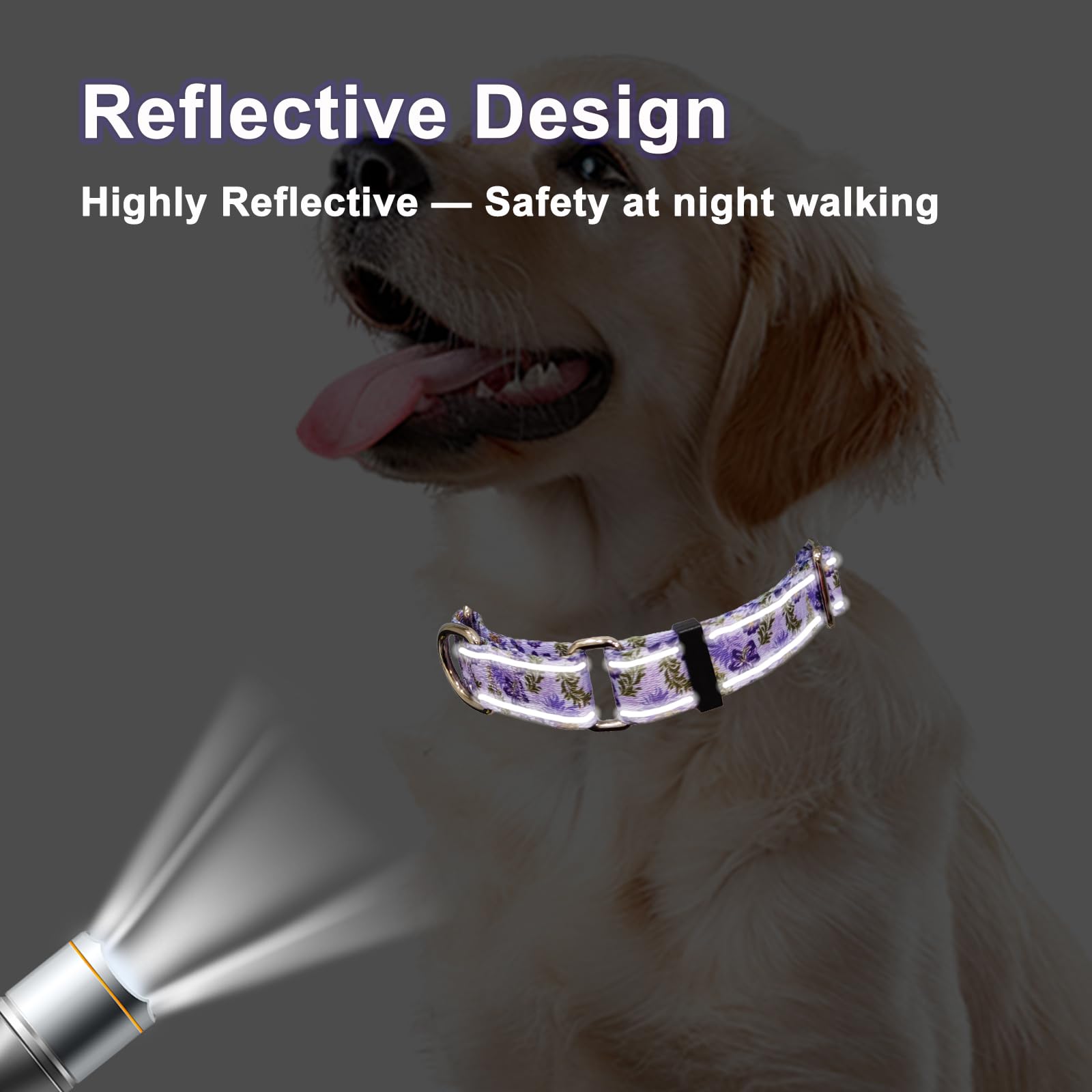 Fidohug Reflective Martingale Collar For Dogs With Quick Release Buckle Cute Girl Female Flower Dog Collars (Lavender Floral, Sm