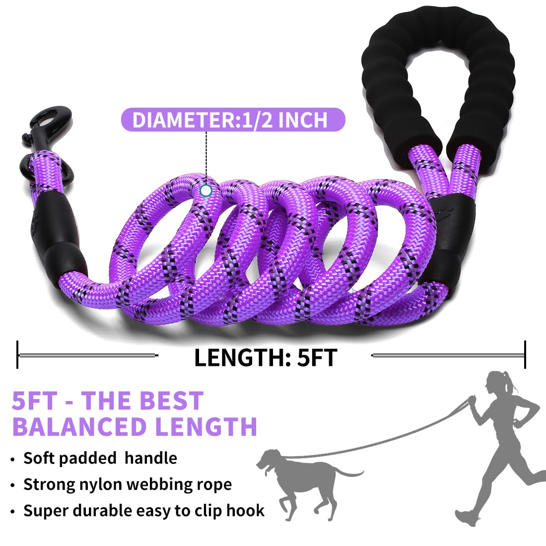 Cooyoo Dog Leash 6 Ft Heavy Duty - Comfortable Padded Handle - 1/2 Inch Reflective Dog Leash For Medium Large Dogs With Poo Bag