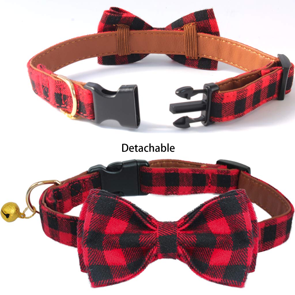 Kudes Plaid Dog Collar With Bow, 2 Pack/Set Adjustable Dog Bow Tie Collars With Bell, Best Pet Gift For Small Medium Large Girl And Boy Dogs, Red & Black