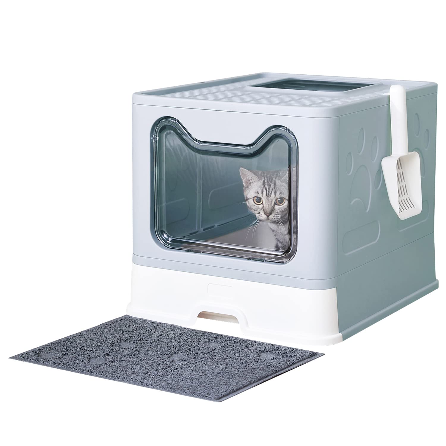 Medario Cat Litter Box With Cat Litter Mat And Scoop, Large Foldable Litter Box With Lid, Front Entry Top Exit Kitty Litter Box,