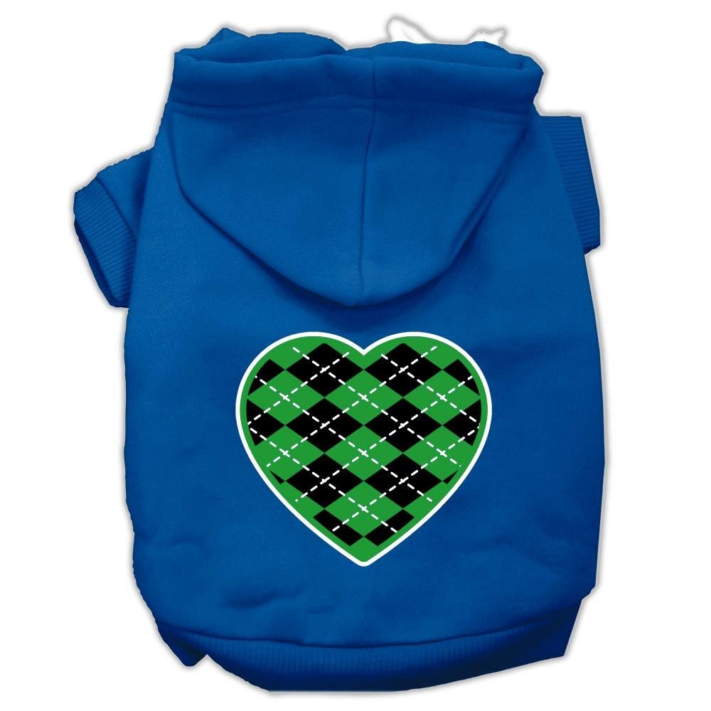 Pet Dog & Cat Hoodie Screen Printed, 'Green Argyle Heart' Blue Md (6-10 Lbs.)