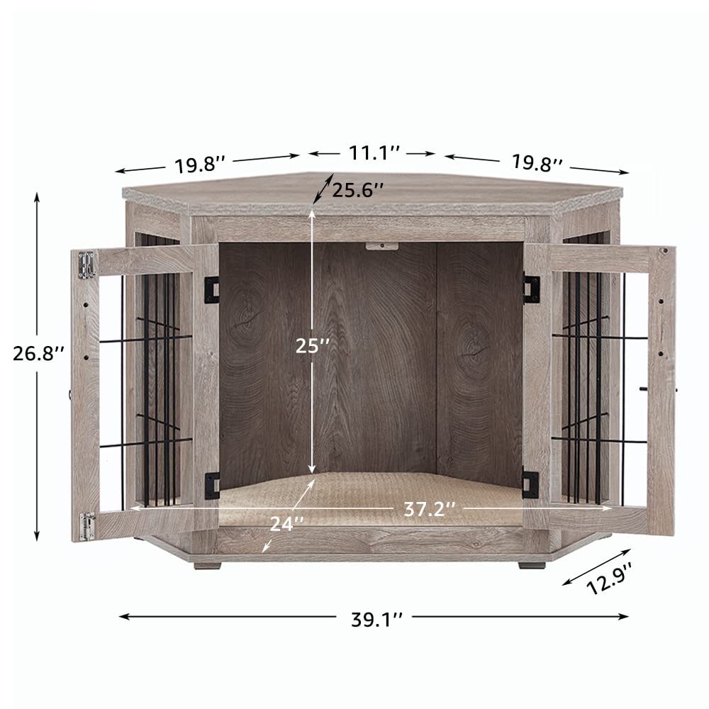 beeNbkks Furniture Corner Dog Crate/Kennel Wooden End Table with Cushion, Indoor Pet Crate Side Table for Small Medium Dogs Pupp