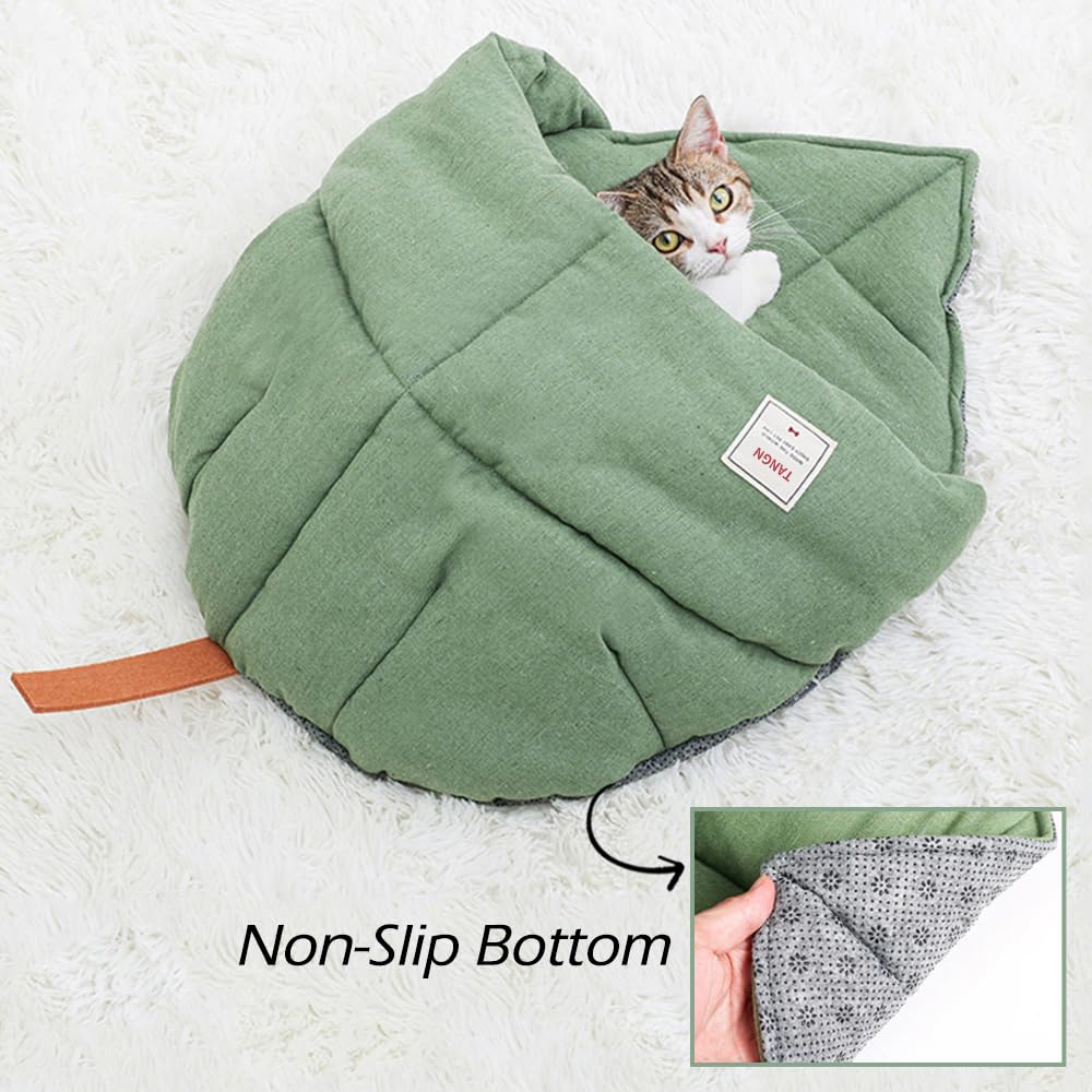 TANGN Cat Sleeping Bag - Cozy Linen Fabric Bed Cave for Indoor Puppy & Kitten, Green, Model PD50082