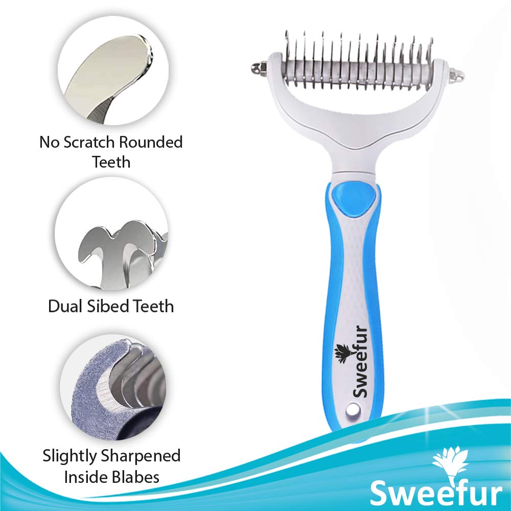 Sweefur Pet Grooming Comb- 2 Sided Undercoat Rake For Dogs & Cats- Professional Teeth Pet Brush For Shedding And Remove Mats & Tangles- Grooming Rake Tool For All Pet Sizes- Blue