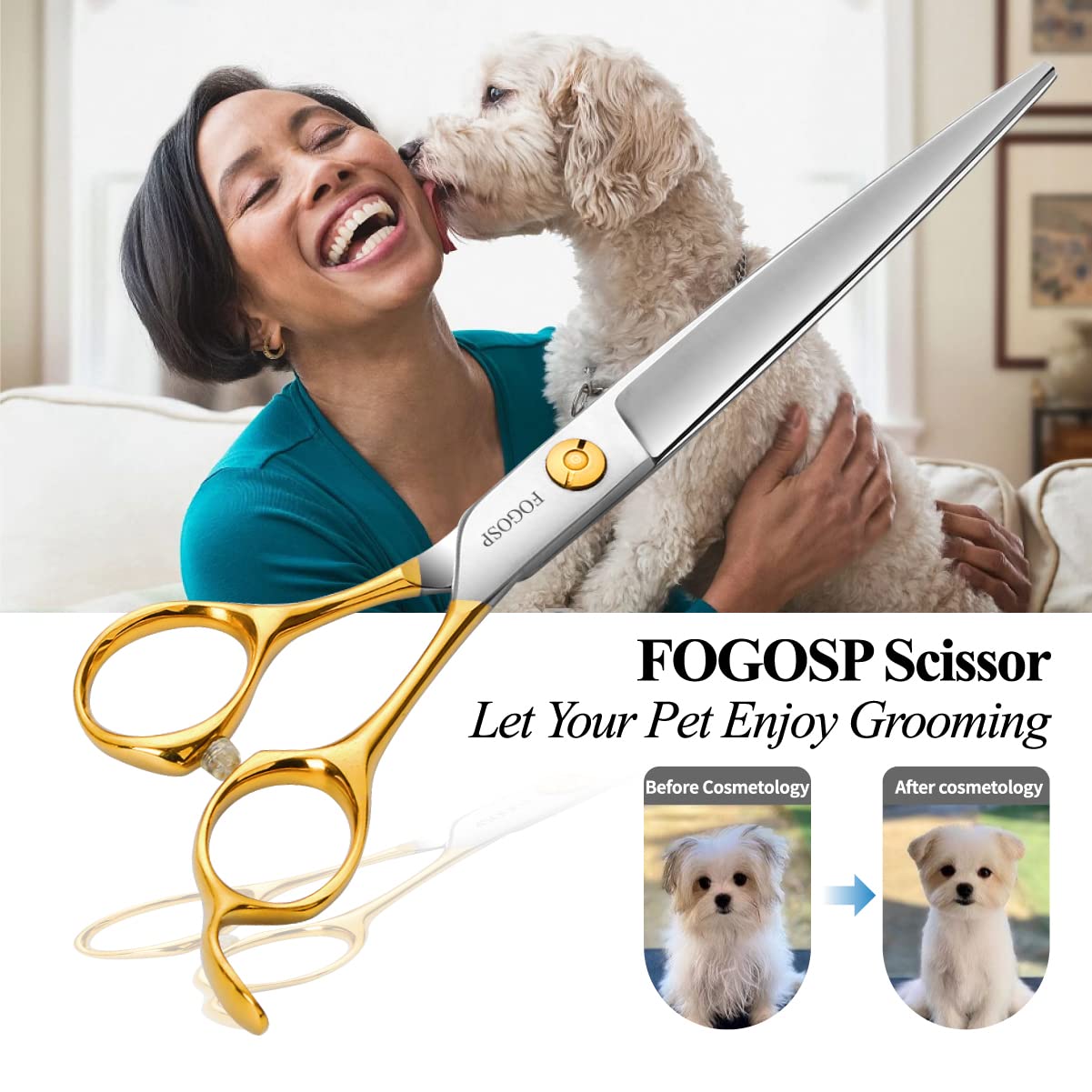 Fogosp Professional Dog Grooming Scissors Straight 7.5'' Pet Grooming Shears For Cutting Small Dogs Cat Thick Hair Japan 440C St
