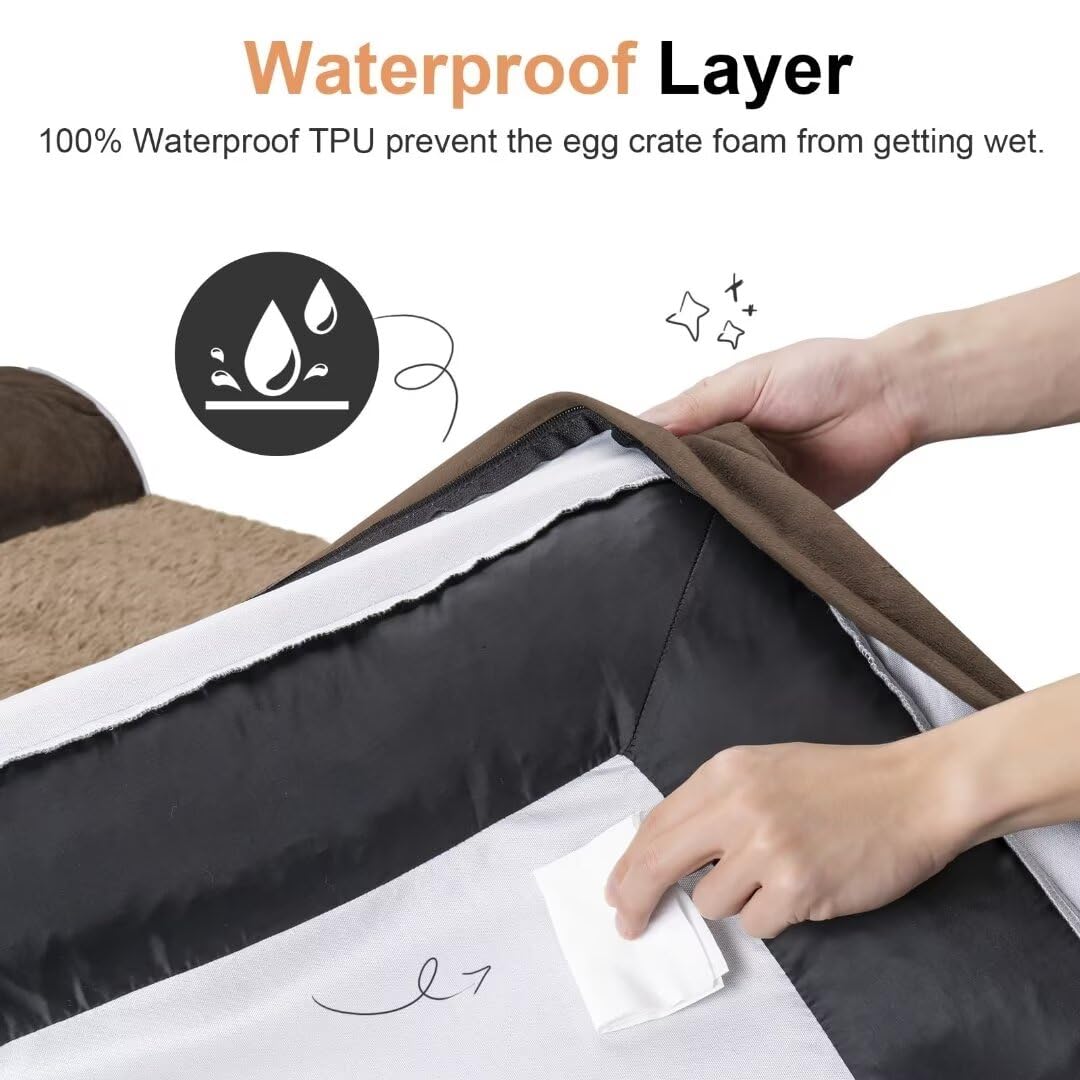 Large Dog Bed Orthopedic Washable: Jumbo Dog Bed Bolster Extra Large Dogs Egg Crate Foam Sofa Couch Waterproof Removable Cover - Brown