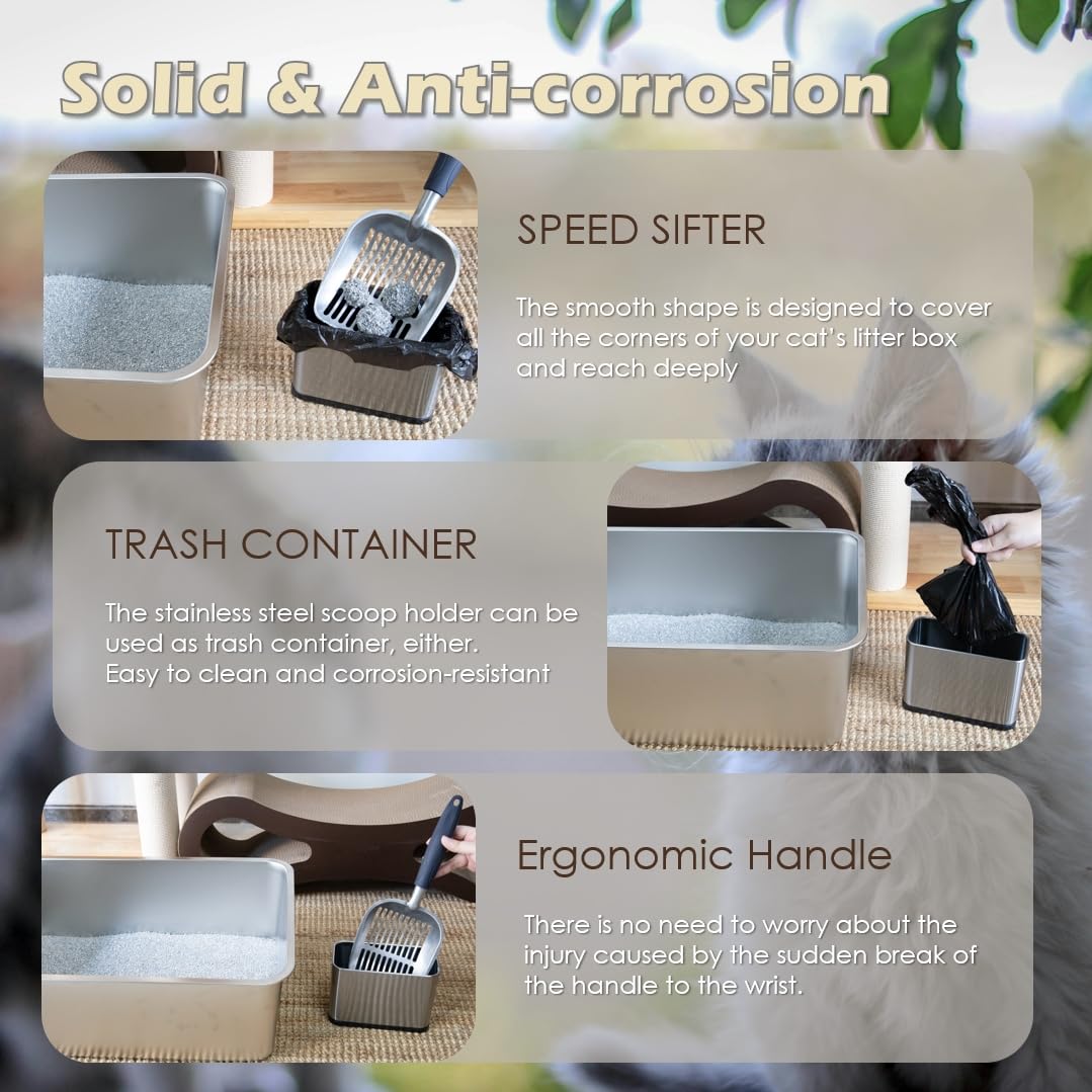 Vitisyao Multicat Metal Cat Litter Scoop With Holder, Stainless Steel Cat Litter Scooper Holder Trash Container, Aluminium Cat S