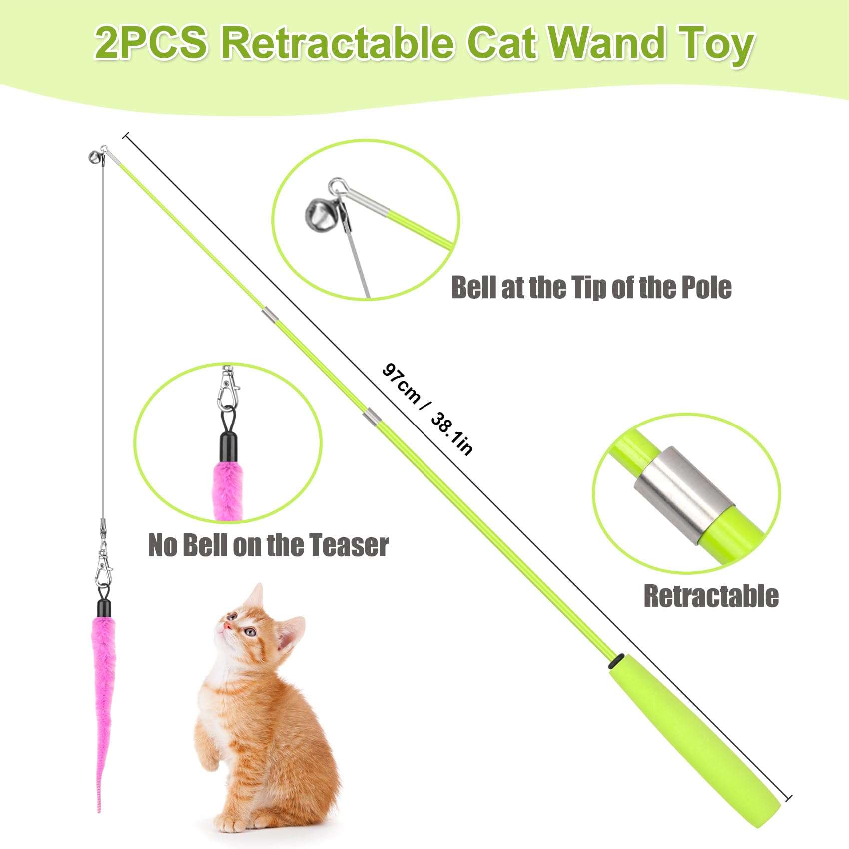 Chicwow Interactive Retractable Cat Wand & Hanging Toys For Cats - 2 Wands, 2 Hanging, 7 Teaser Cat Toys For Indoor Adult Cats K