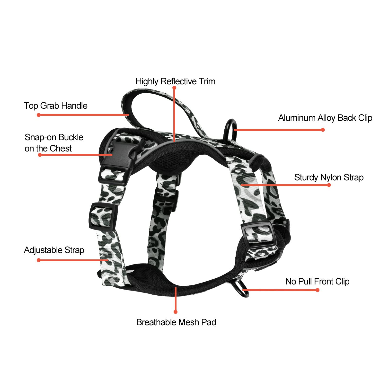 Petmolico Dog Harness For Medium Dogs No Pull, Cute Dog Harness With Two Leash Clips And Soft Handle, Reflective Easy Walk Dog Harness With Leash, Gray Leopard Medium