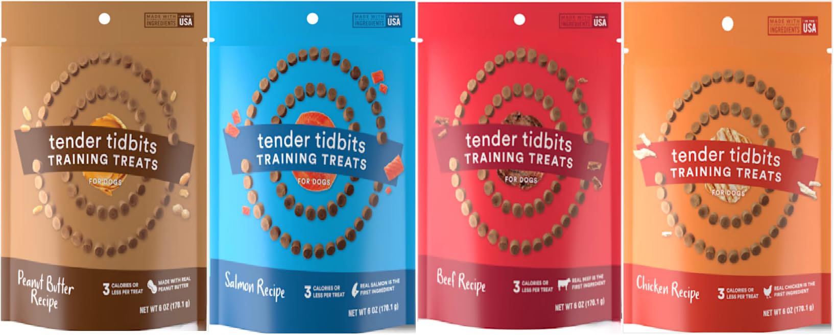 Natural Grain-Free Puppy & Dog Training Treats - Tender Tidbits (Beef, Chicken, Peanut Butter & Salmon) Made in USA (24oz, Varie