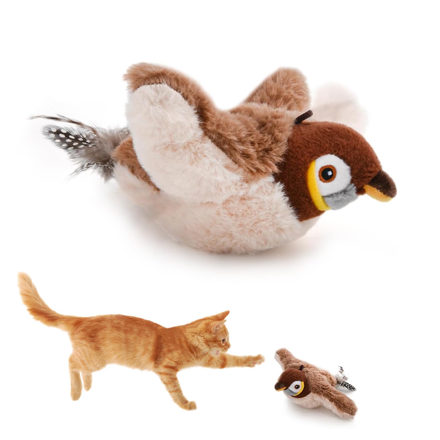 Tyasoleil Chirping Bird Cat Toy, Interactive Flapping Bird Cat Toy, Simulated Chirping Bird Cat Toy Flapping Wings, Plush Cat To