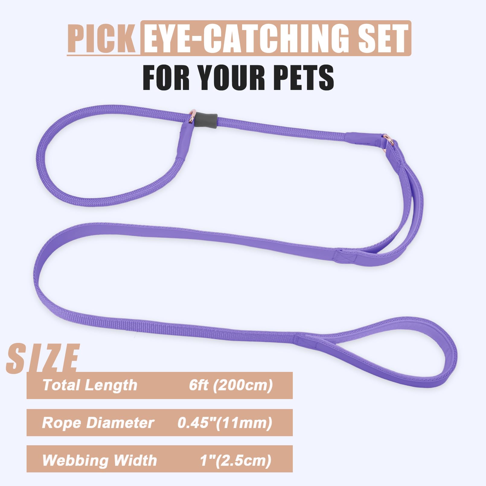 Aaufilux Slip Lead Dog Leash, Double Handle, Soft Leather, Heavy Duty Nylon, No Pull Walking, 6Ft Purple