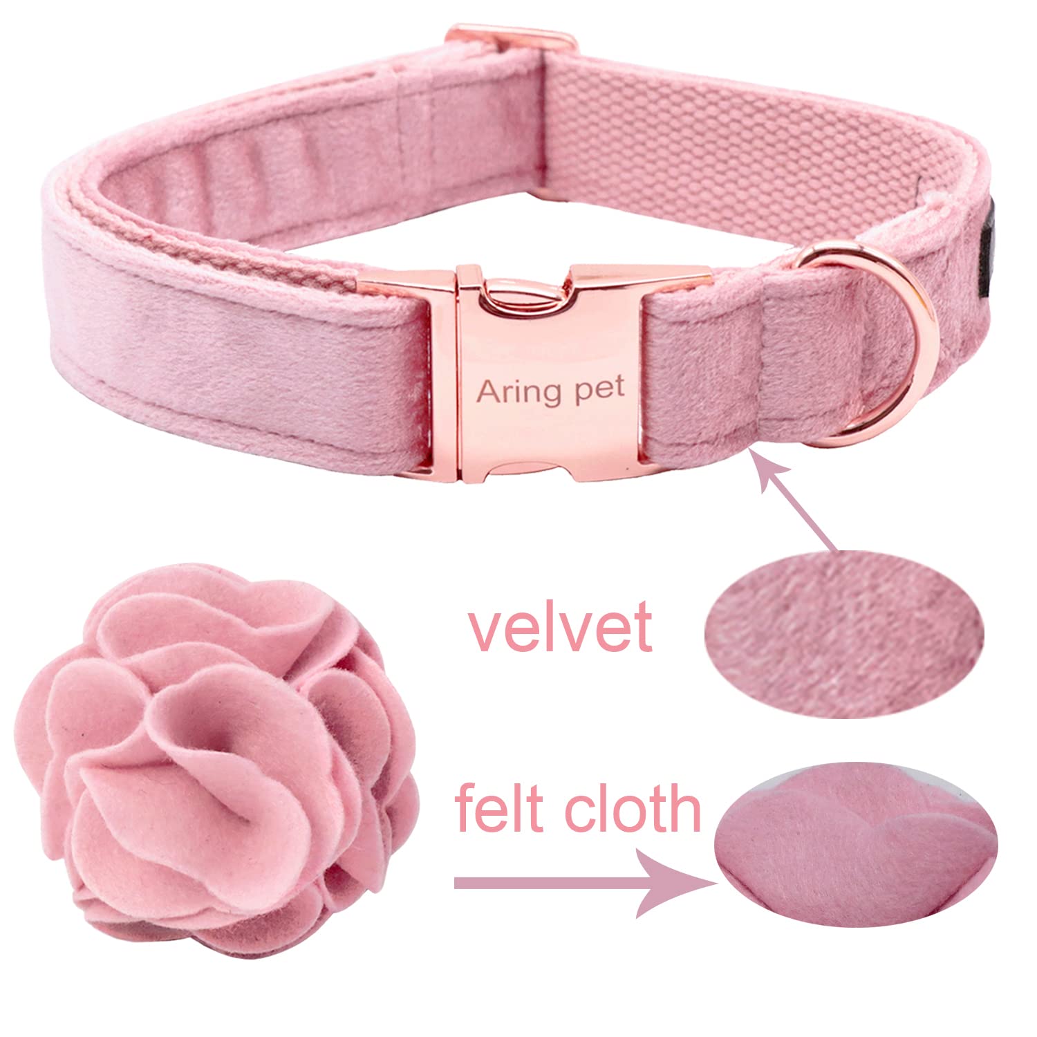 Aring Pet Velvet Dog Collar, Unique Pink Dog Collars With Detachable Felt Flower, Adjustable Soft Velvet Dogs Collar Flower With