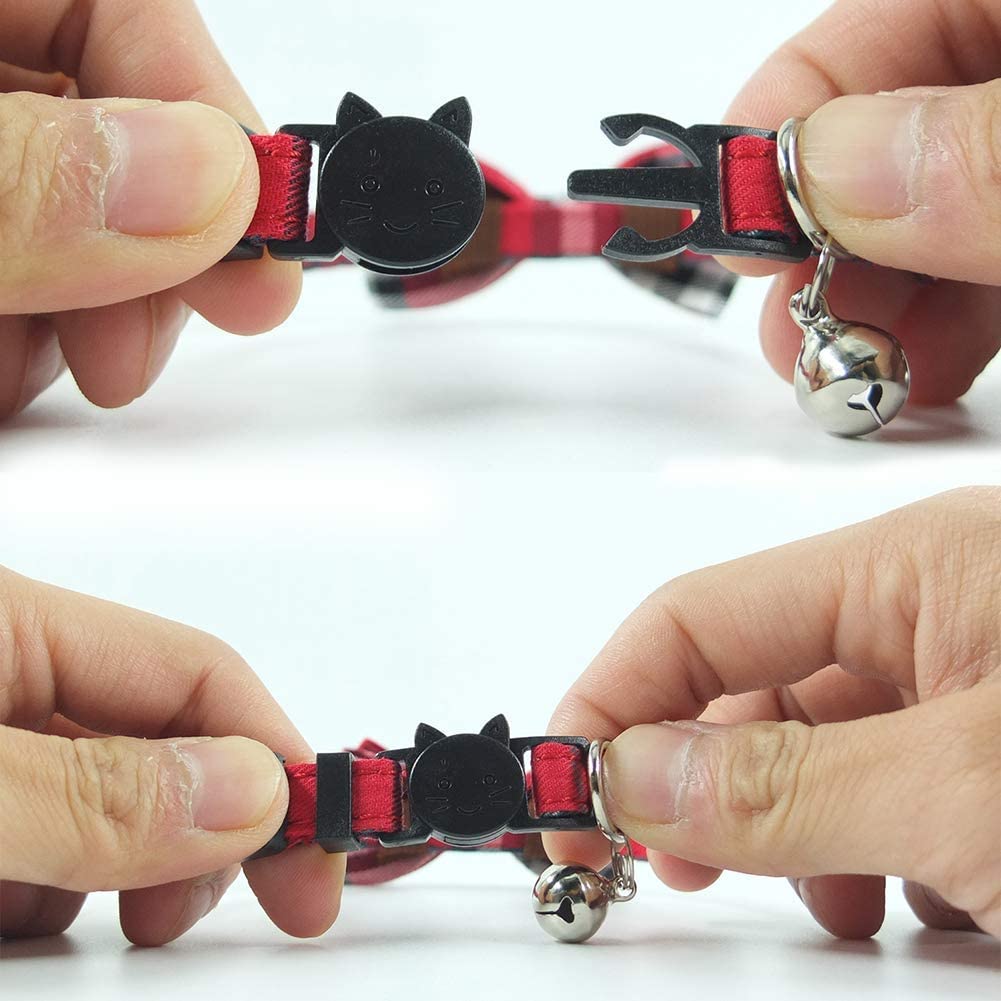 Cat Collar Breakaway With Bell And Bow Tie, Plaid Design Adjustable Safety Kitty Kitten Collars(6.8-10.8In) (Red Plaid 1)