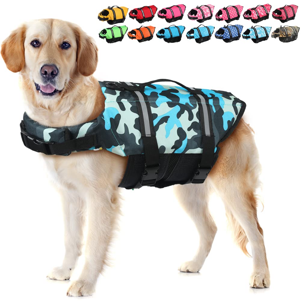 EMUST Life Jackets for Dogs, Adjustable Small/Medium/Large Dog Swim Vest for Water Safety Pet Life Vest with Rescue Handle Safet
