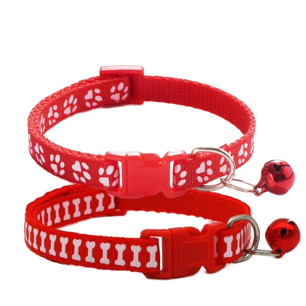 Red Dog Collar With Bell, 2-Pack Basic & Bone Cat Collars With Bells Girl Puppy Dog Collar For Xxs Xs Small Tiny Pet Dogs Female