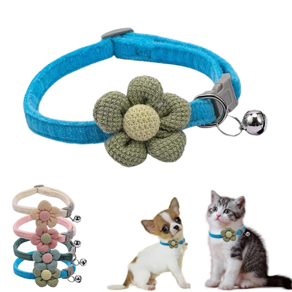 Dog Collar With Bell,Blue Flower Cat Collar With Bells Suede Girl Cute Fancy Puppy Collar With Bells For Xxs Xs Tiny Little Kitt