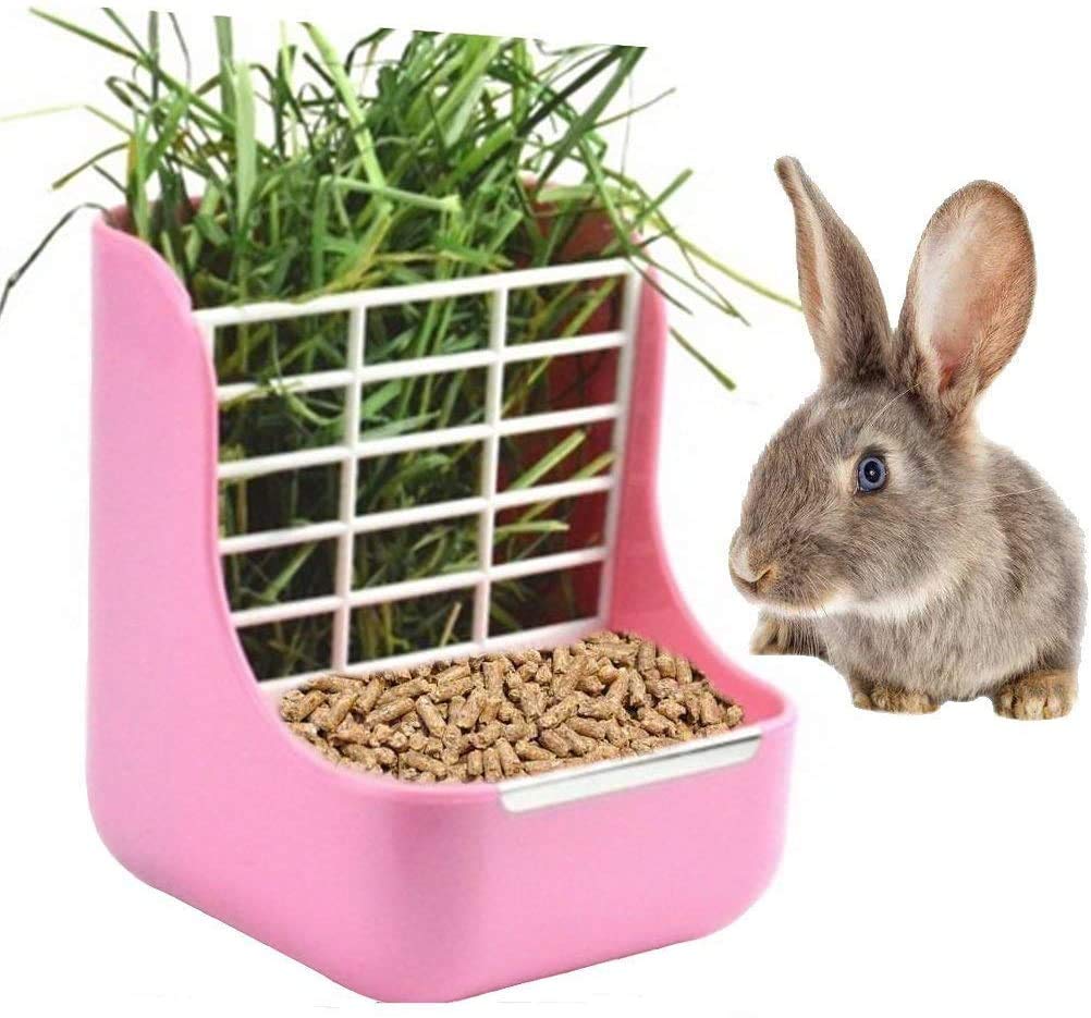 Qslqyb Rabbit Feeder, Hay Food Bin Feeder, Pink (Plastic), Adjustable, Removable Grass Rack, Stainless Steel Edge, For Rabbit, Guinea Pig, Chinchilla