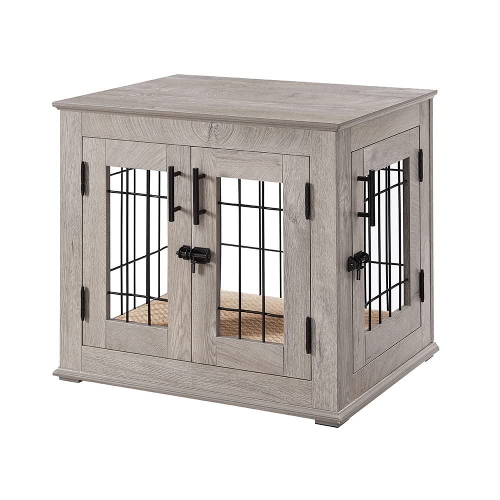 Beenbkks Furniture Style Dog Crate End Table, Double Doors Wooden Wire Dog Kennel With Pet Bed, Decorative Pet Crate Dog House I