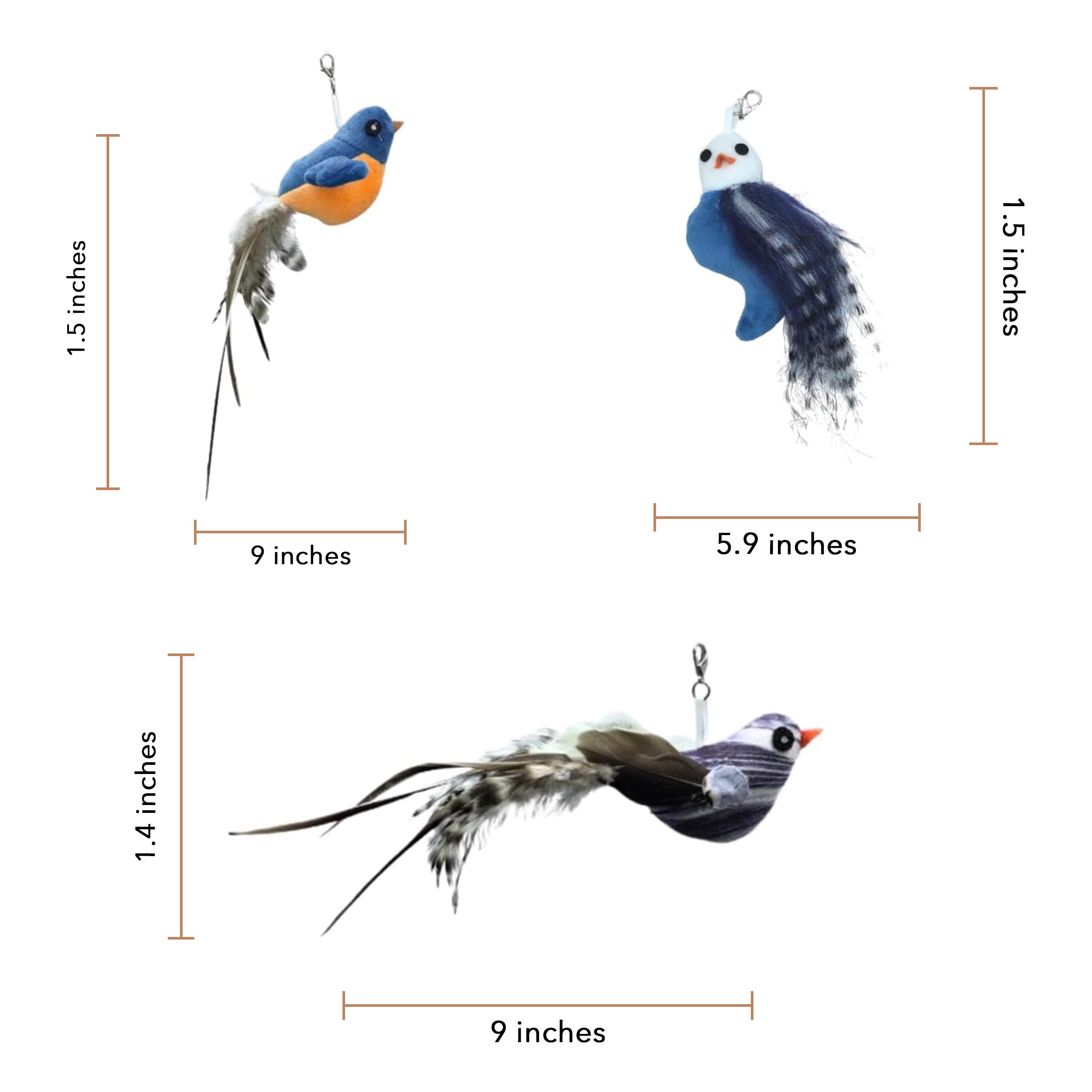 Cutie Paw Pal Chirping Bird Replacement Heads For Cat Toys - Set Of 3 - Realistic Calling Bird Sounds, Vibrant Feather Designs,