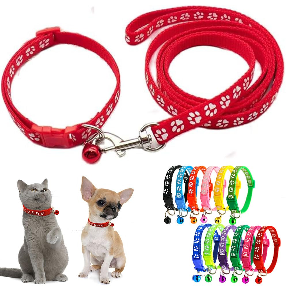 Red Bell Collar For Small Dogs Leash Set, Nylon Basic Reflective Girl Dog Collar Paw Print For Xxs Xs Small Cat Puppy Pet Animal