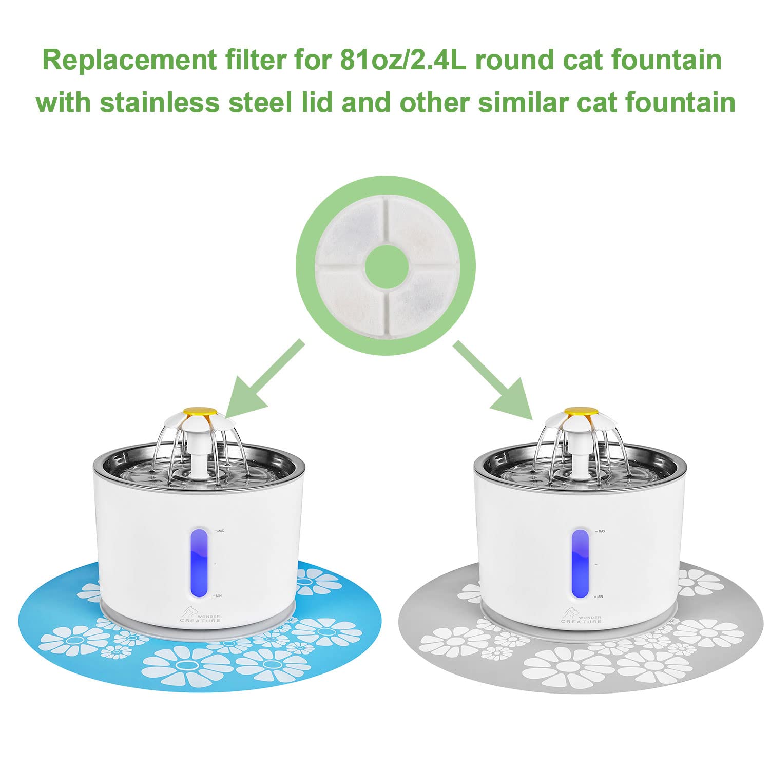 Wonder Creature Cat Water Fountain Filter Replacement, 6 White Carbon Filters for Stainless Steel Top Cat Fountains