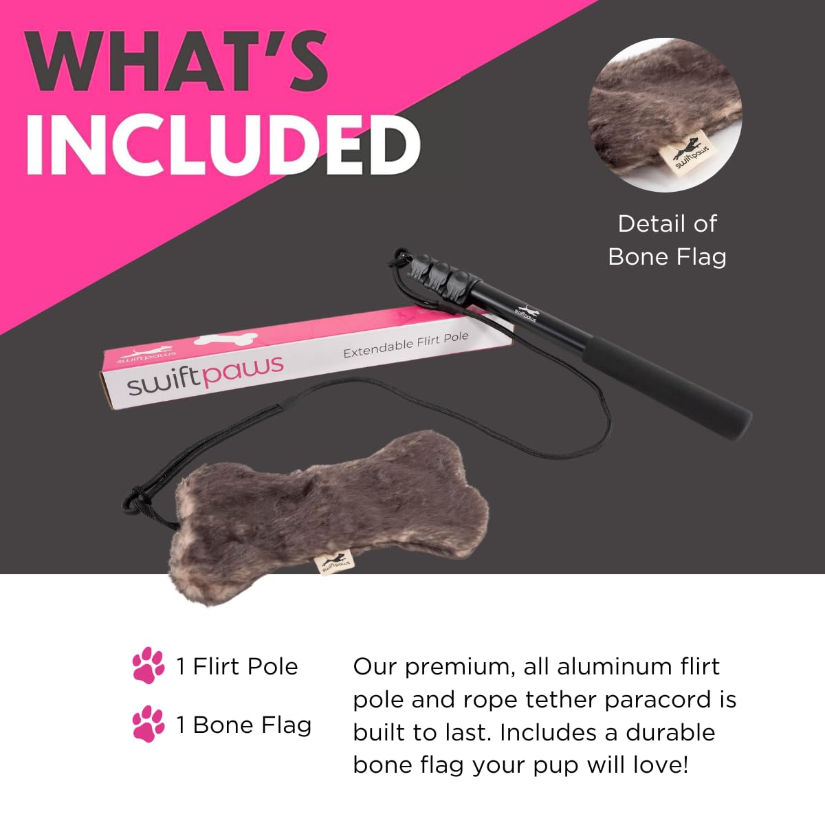 SwiftPaws Flirt Pole Toy - For Dogs - Extendable to 48    and Collapsible to 16    - All Aluminum + Paracord Line - Provides Exe