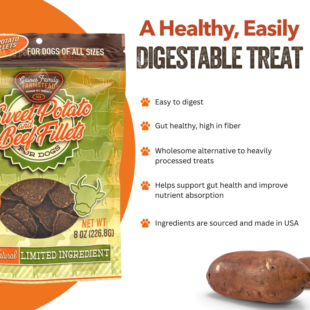 Gaines Family Farmstead Beef & Sweet Potato Filelts for Dogs, All-Natural, Grain-Free, Healthy Dog Treats for All Ages & Breeds,