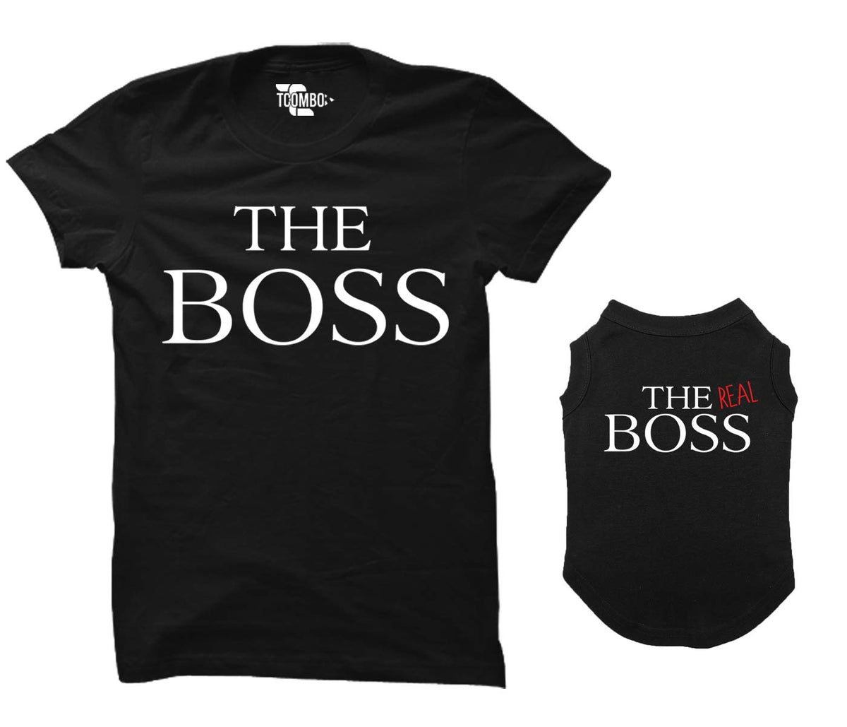 The Boss/The Real Boss Matching Dog Shirt & Women'S T-Shirt (Black, Large Womens/X-Small Dog)