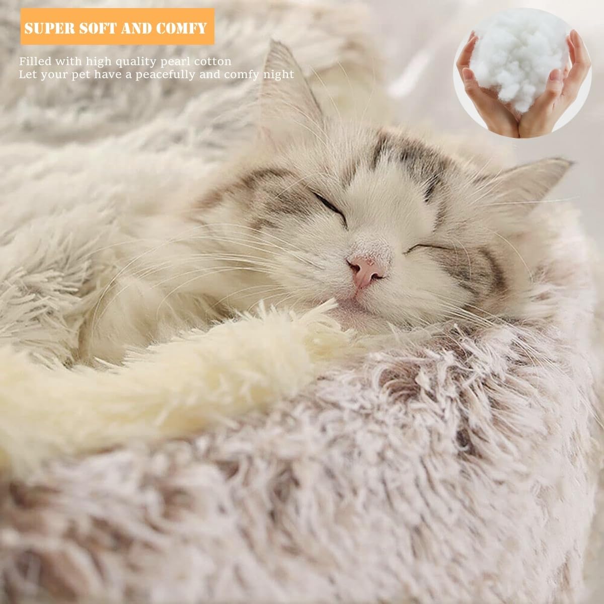 Zanesun Calming Round Dog Bed & Cat Cave With Hooded Cover, Plush Fluffy Anti-Anxiety Cat Bed, Waterproof Bottom Washable (Coffe
