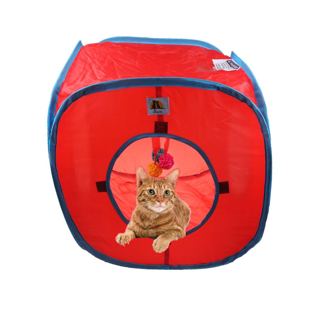 Emours Cat Play Cube Collapsible Tunnel Cat House Toys,With 4 Balls, Red