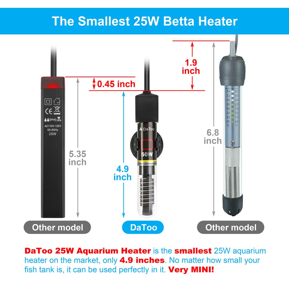 Datoo Mini Aquarium Heater 50W Small Fish Tank Heater 50 Watt With Free Thermometer Sticker